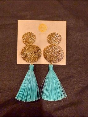 Gorjana Gold Tone Hammered Disc Blue Tassel Drop Dangle Earrings Statement